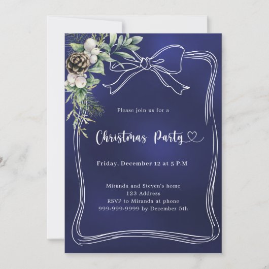 Bow blue pine greenery Christmas Party 招待状 (正面)