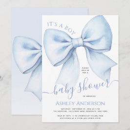 Bow Blue & White Watercolor It's a Boy Baby Shower 招待状