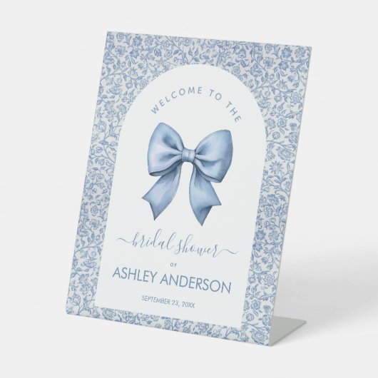 Bow Bridal Shower Welcome Blue White Pattern Arch 台座サイン (正面)