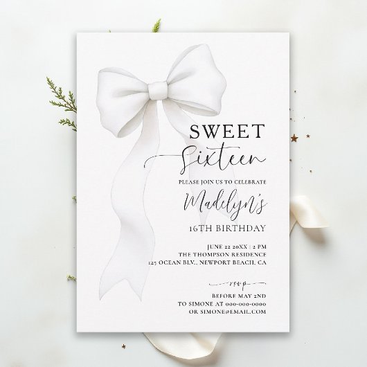 Bow Chic Black White Elegant Calligraphy Sweet 16 招待状