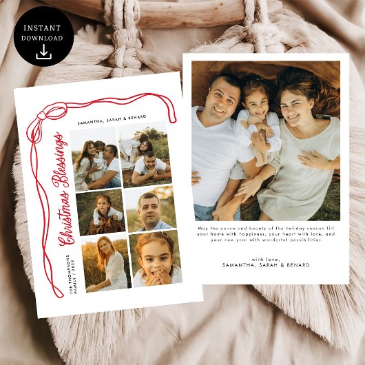 Bow Christmas Blessings Family 6 Photos シーズンカード