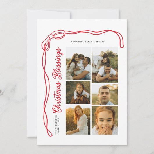 Bow Christmas Blessings Script Family 6 Photos シーズンカード (正面)