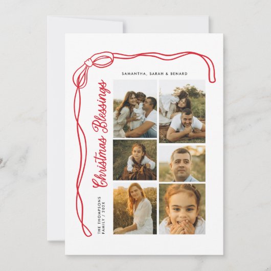 Bow Christmas Blessings Script Family 6 Photos シーズンカード (正面)