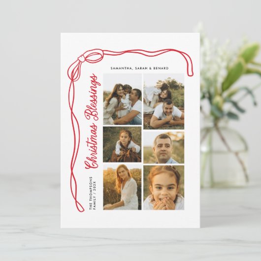 Bow Christmas Blessings Script Family 6 Photos シーズンカード (スタンド正面)