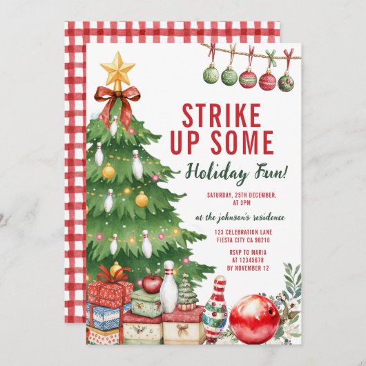 Bow Christmas Holiday Bowling Party Strike Up Some 招待状 (正面/裏面)