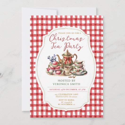 Bow Christmas Tea Party Floral Red Gingham Holiday 招待状 (正面)
