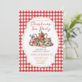 Bow Christmas Tea Party Floral Red Gingham Holiday 招待状 (スタンド正面)