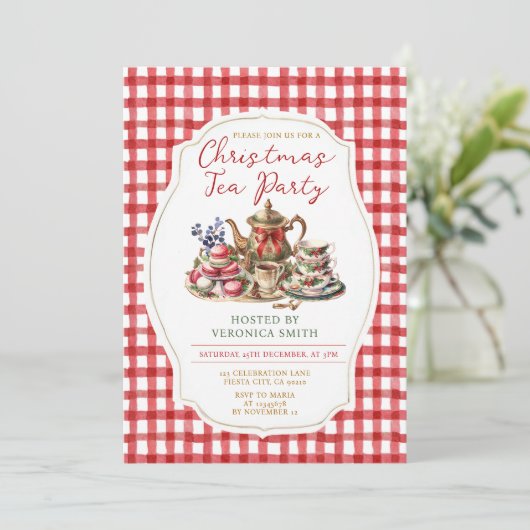Bow Christmas Tea Party Floral Red Gingham Holiday 招待状 (スタンド正面)
