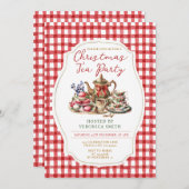 Bow Christmas Tea Party Floral Red Gingham Holiday 招待状 (正面/裏面)