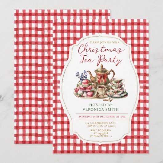 Bow Christmas Tea Party Floral Red Gingham Holiday 招待状 (正面/裏面)