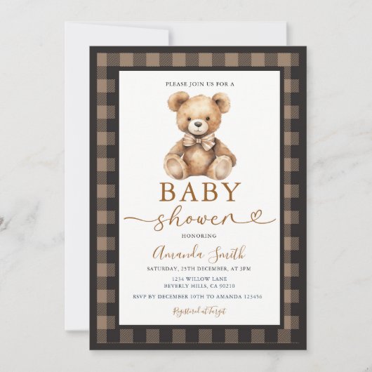 Bow Coquette Bear Boy Baby Shower Plaid Brown 招待状 (正面)