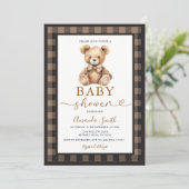 Bow Coquette Bear Boy Baby Shower Plaid Brown 招待状 (スタンド正面)
