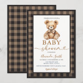Bow Coquette Bear Boy Baby Shower Plaid Brown 招待状 (正面/裏面)