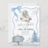 Bow Coquette Blue Girl Let's Skate Birthday 招待状 (正面)