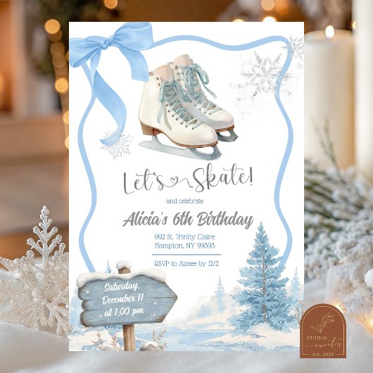 Bow Coquette Blue Girl Let's Skate Birthday 招待状