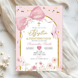 Bow Coquette Blush Pink Baptism & 1st Birthday 招待状