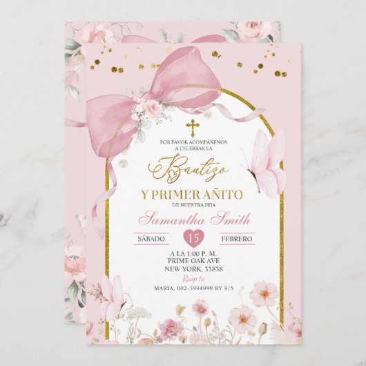 Bow Coquette Blush Pink Bautizo Y Primer Anito 招待状 (正面/裏面)