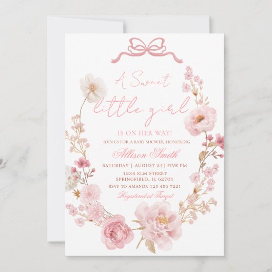 Bow Coquette Blush Pink Bow Baby Shower Invitation 招待状 (正面)
