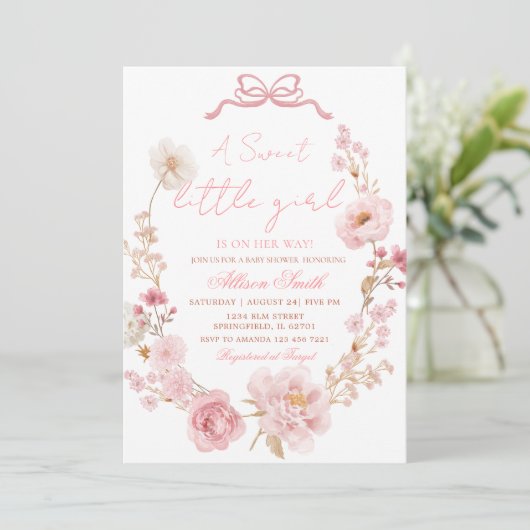 Bow Coquette Blush Pink Bow Baby Shower Invitation 招待状 (スタンド正面)