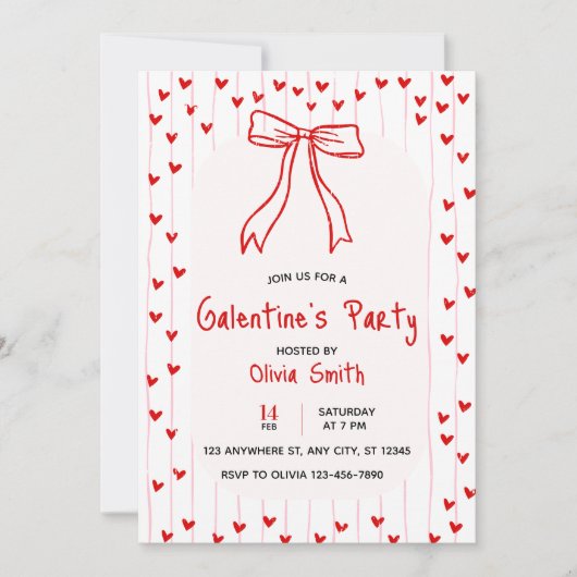bow coquette galentines party invite , red hearts  招待状 (正面)