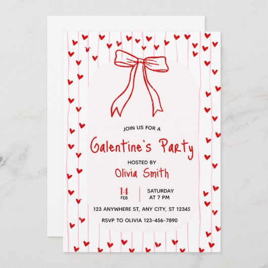 bow coquette galentines party invite , red hearts  招待状 (正面/裏面)