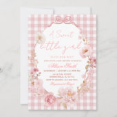 Bow Coquette Gingham Pink Bow Baby Shower 招待状 (正面)