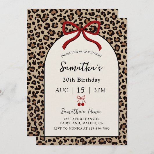 Bow Coquette Leopard Cheetah Birthday Invitation 招待状 (正面/裏面)