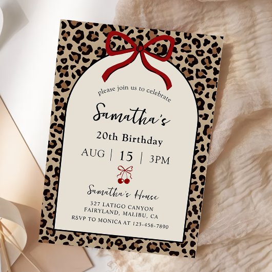 Bow Coquette Leopard Cheetah Birthday Invitation 招待状