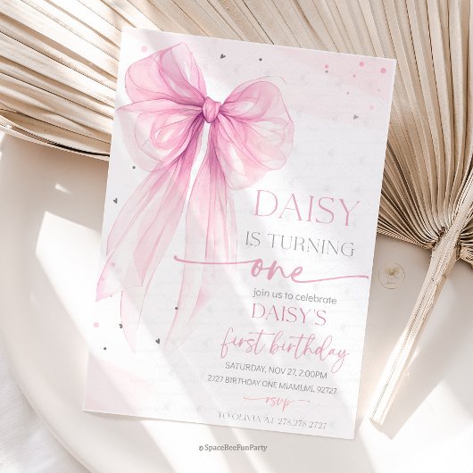 Bow Coquette Pink 1歳の誕生日  招待状