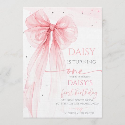 Bow Coquette Pink 1st Birthday  招待状 (正面)