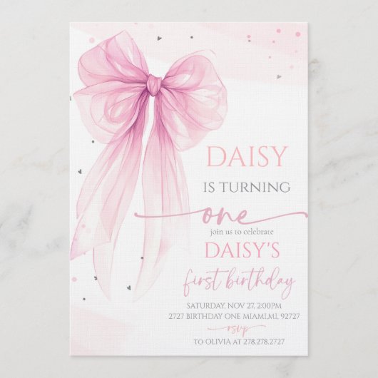 Bow Coquette Pink 1st Birthday  招待状 (正面)