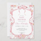 Bow Coquette Pink Floral Ribbon Girl Baby Shower 招待状 (正面)