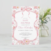 Bow Coquette Pink Floral Ribbon Girl Baby Shower 招待状 (スタンド正面)