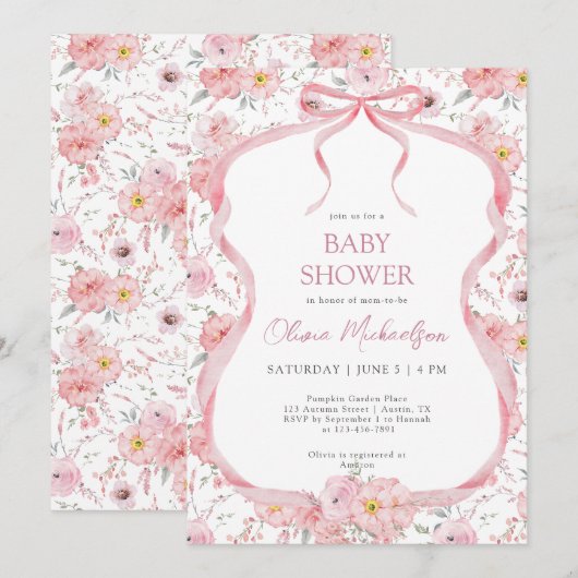 Bow Coquette Pink Floral Ribbon Girl Baby Shower 招待状 (正面/裏面)