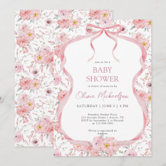 Bow Coquette Pink Floral Ribbon Girl Baby Shower 招待状