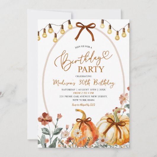 Bow Coquette Pumpkin Wildflower Birthday Party 招待状 (正面)