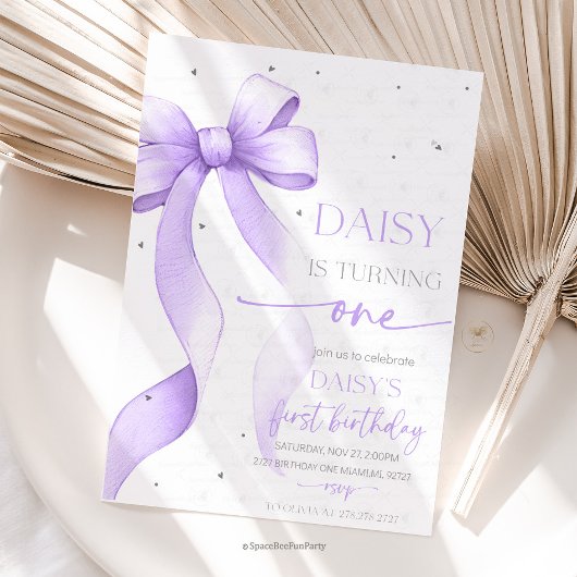 Bow Coquette Purple 1歳の誕生日 招待状