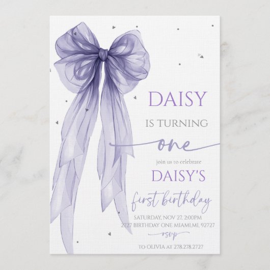 Bow Coquette Purple 1st Birthday  招待状 (正面)