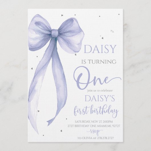 Bow Coquette Purple 1st Birthday  招待状 (正面)