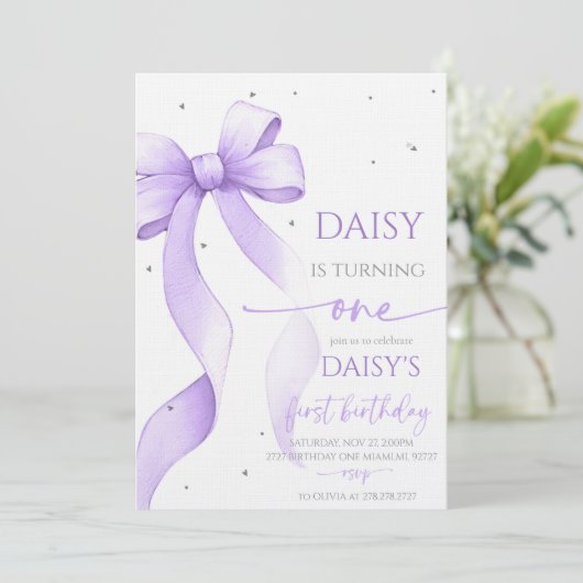 Bow Coquette Purple 1st Birthday  招待状 (スタンド正面)