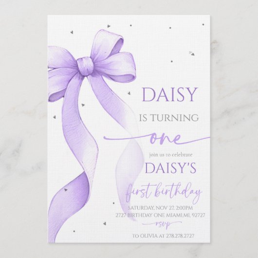 Bow Coquette Purple 1st Birthday  招待状 (正面)