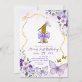 Bow Coquette Purple Butterfly First Birthday 招待状 (正面)