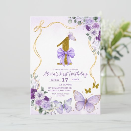 Bow Coquette Purple Butterfly First Birthday 招待状 (スタンド正面)