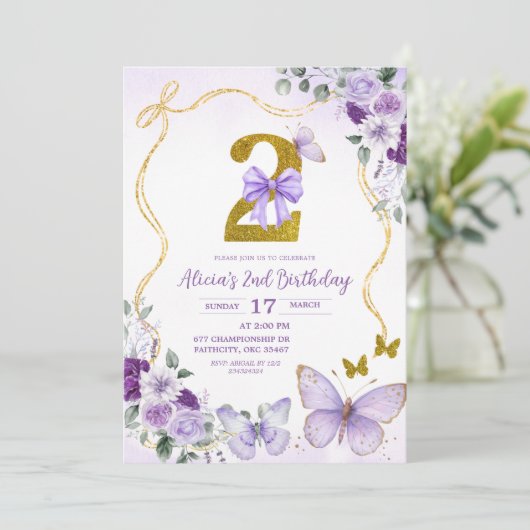 Bow Coquette Purple Butterfly Second Birthday 招待状 (スタンド正面)