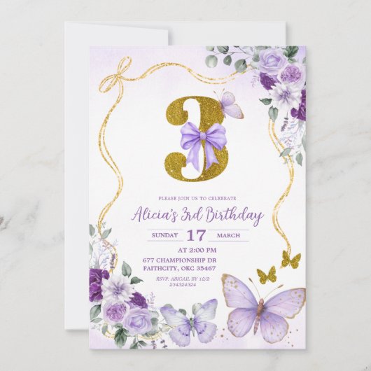 Bow Coquette Purple Butterfly Third Birthday 招待状 (正面)