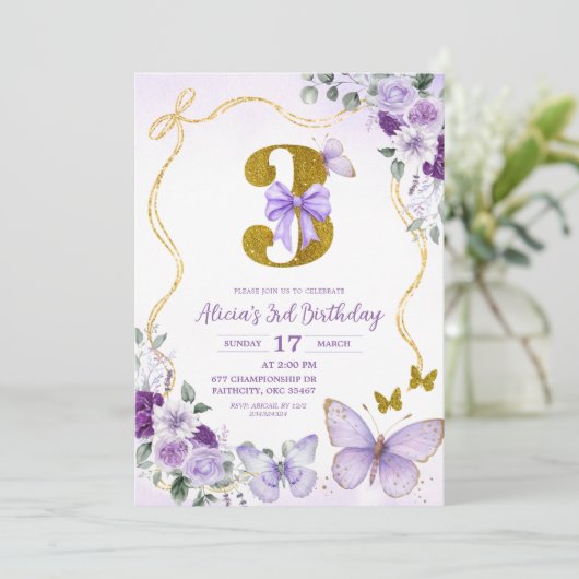 Bow Coquette Purple Butterfly Third Birthday 招待状 (スタンド正面)