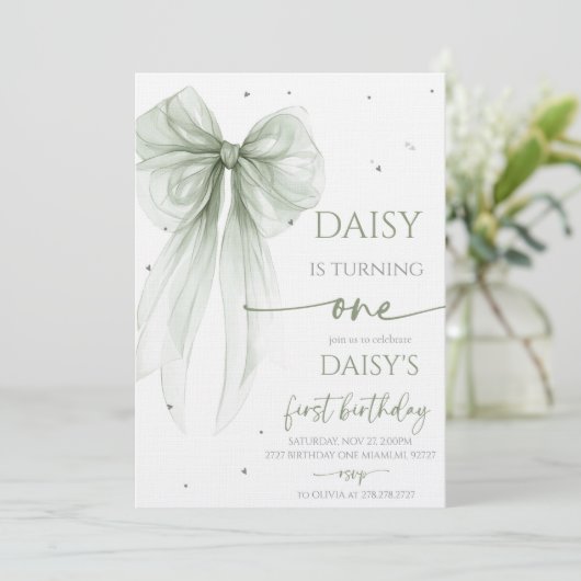 Bow Coquette Sage 1st Birthday  招待状 (スタンド正面)