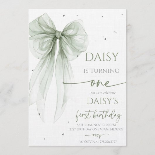 Bow Coquette Sage 1st Birthday 招待状 (正面)