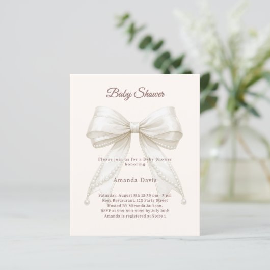 Bow cream pearls neutral Baby Shower invitation (スタンド正面)