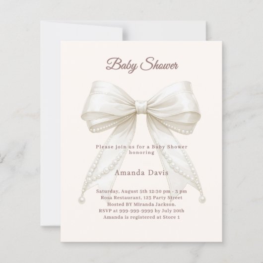 Bow cream pearls neutral Baby Shower invitation (正面)